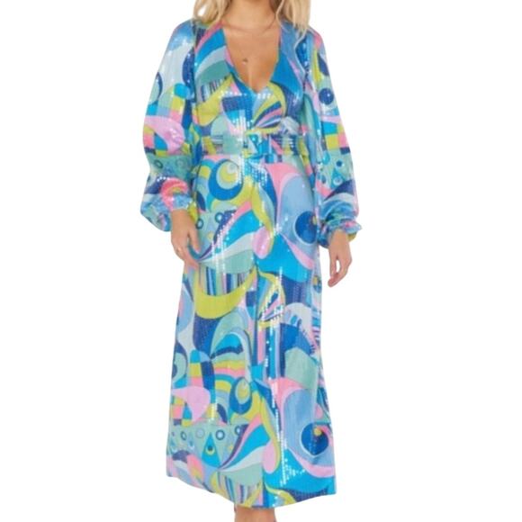 Show Me Your MuMu Dresses & Skirts - Show Me Your Mumu Blue Minelli Go-Go Sequin Long Sleeve Belted Midi Dress XL NEW